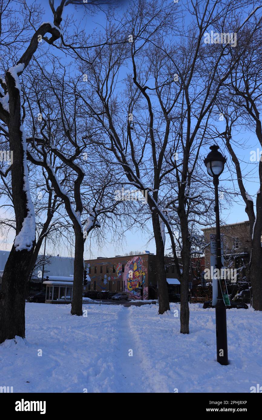 Städtischer Stadtpark St-Henri Montreal schneebedeckt dezember 2022 Stockfoto