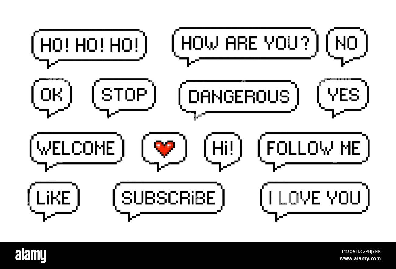 Pixel Speech Bubble-Nachrichten, wie Abonnieren und Folgen, Vektorspiel-Sprechtext. 8-Bit-Pixel-Art-Chat oder Sprechblasen-Nachrichtensymbole, Retro-Pixel-Dialo Stock Vektor