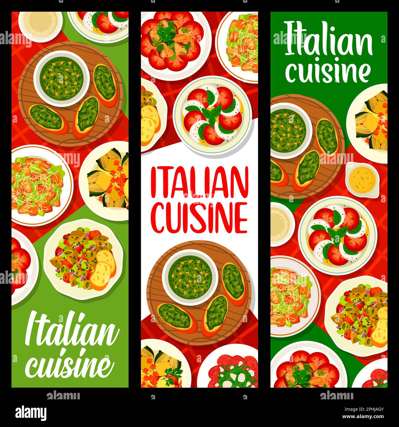 Banner für italienische Küche. Gefüllte Artischocke, Crostini mit Pesto-Sauce und Caesar-Salat, Pasta mit geräuchertem Fisch, Aubergine Caponata, Tomatenmozzar Stock Vektor