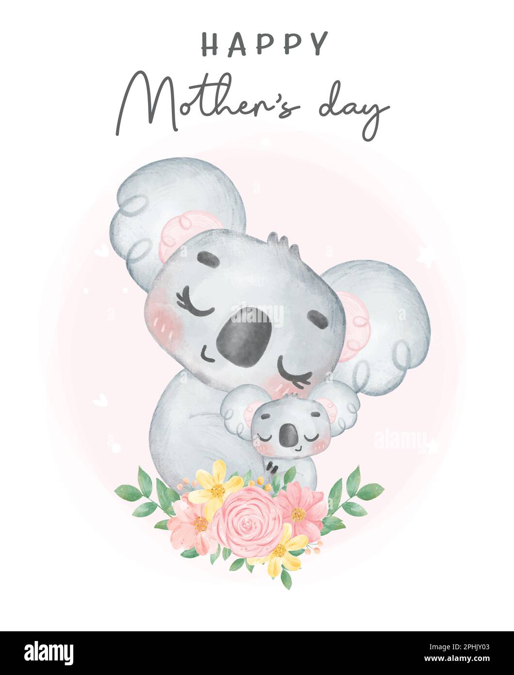 Bezaubernde Unschuld Australien Koala Mutter und Baby schläft und umarmt mit Blumenkranz, Happy Mother's day skurrile Kindergarten Aquarell Tier Ca Stock Vektor