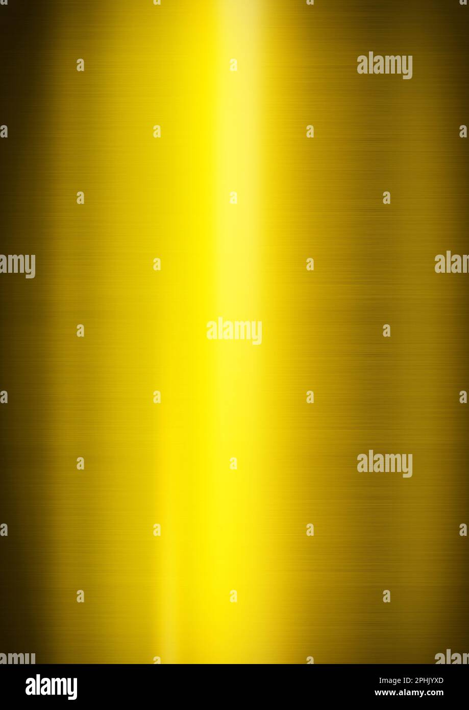 Gelb glänzendes gebürstetes Metall. Vertikales Hintergrundbild Stockfoto