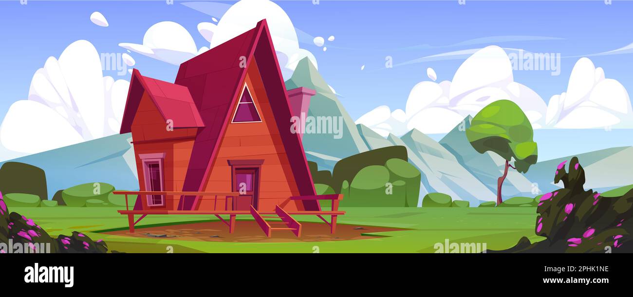 Gemütliche Holzhütte in der Nähe der Berge. Vektor-Cartoon-Darstellung der wunderschönen natürlichen Landschaft, Glamping-Hütte mit Terrasse oder Balkon, grüner Hügel und Pflanzen im Tal. Erholungsszene Stock Vektor