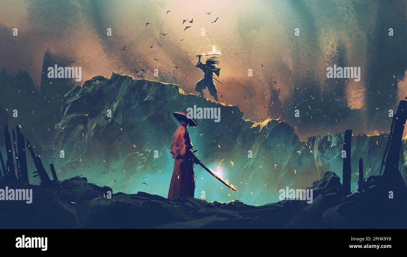 Szene von zwei Samurais im Duell auf der Klippe, digitaler Kunststil, Illustrationsmalerei Stockfoto
