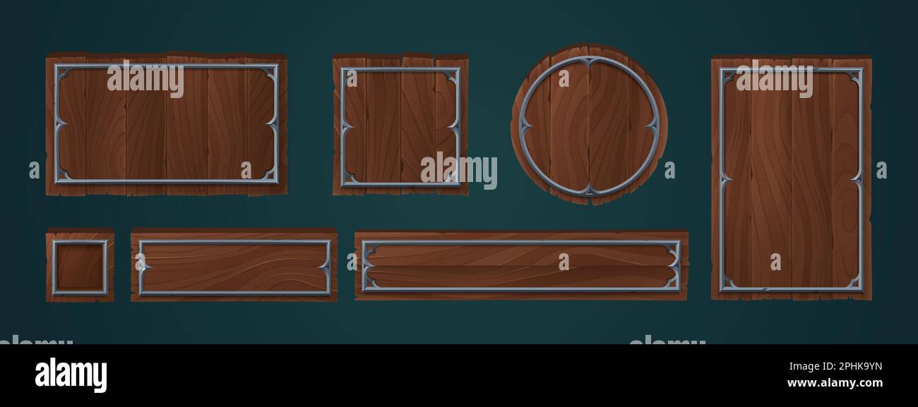 Holzplatten mit Metallrahmen für das UI-Design des Spiels. Holzschilder, -Paneele und -Bretter in verschiedenen Formen mit mittelalterlichen eisernen Rändern, Vektorgrafiken isoliert auf dem Hintergrund Stock Vektor