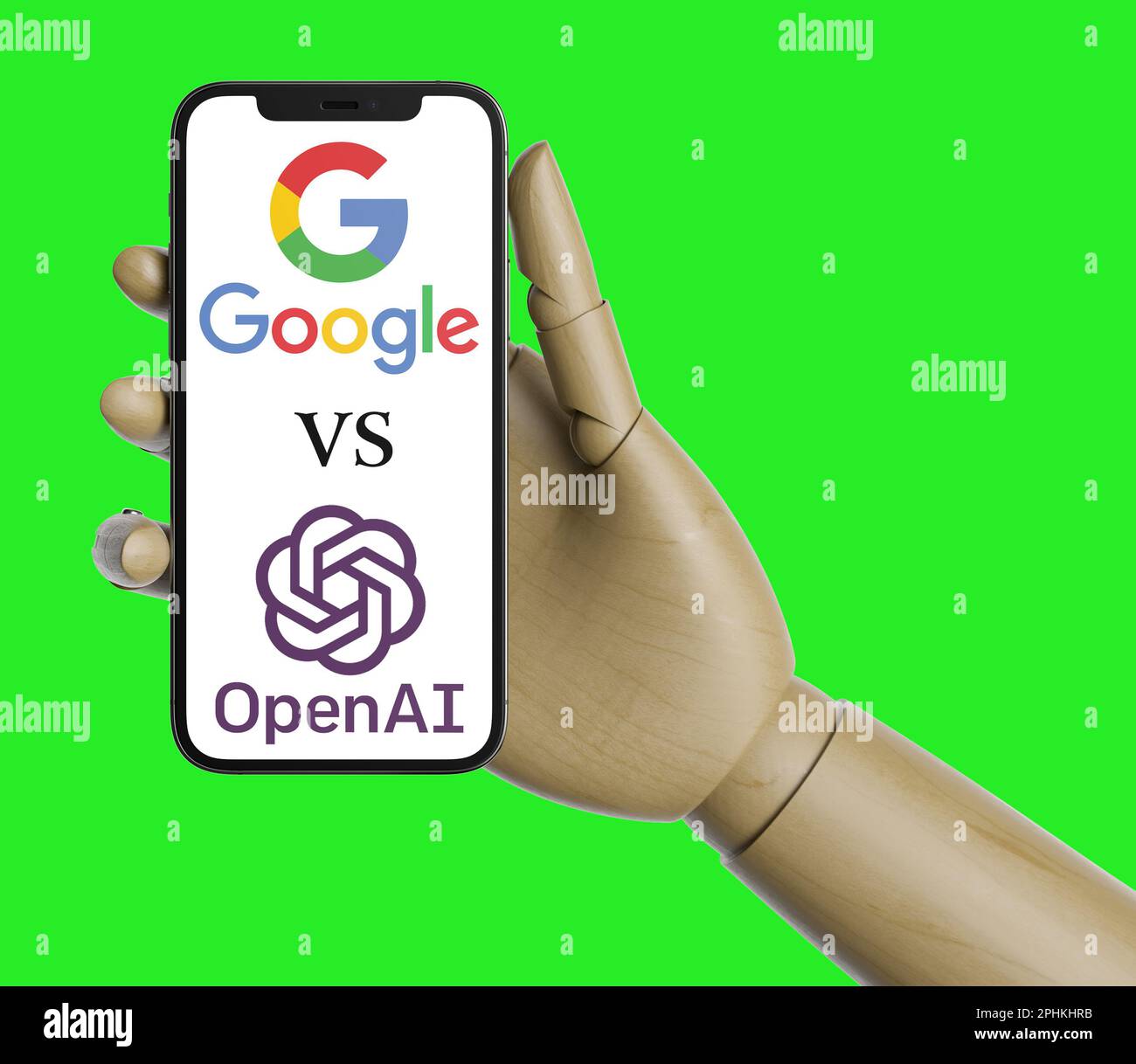 Google vs. Open Ai auf dem iphone-Bildschirm mit Roboterhand Stockfoto