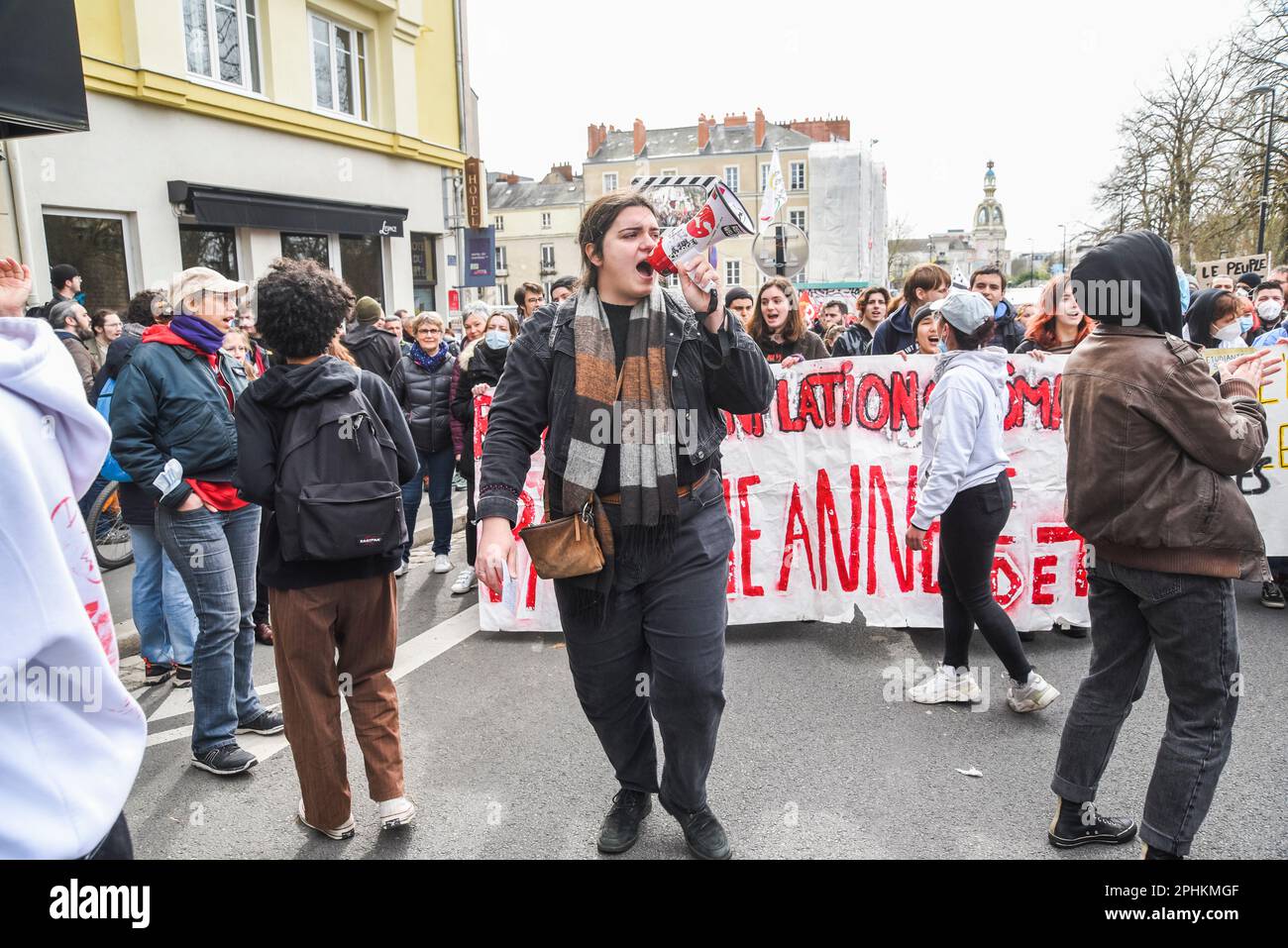 Nantes, Frankreich: 28. März 2023, Demonstrationen gegen die Anhebung des Rentenalters in Frankreich. Stockfoto