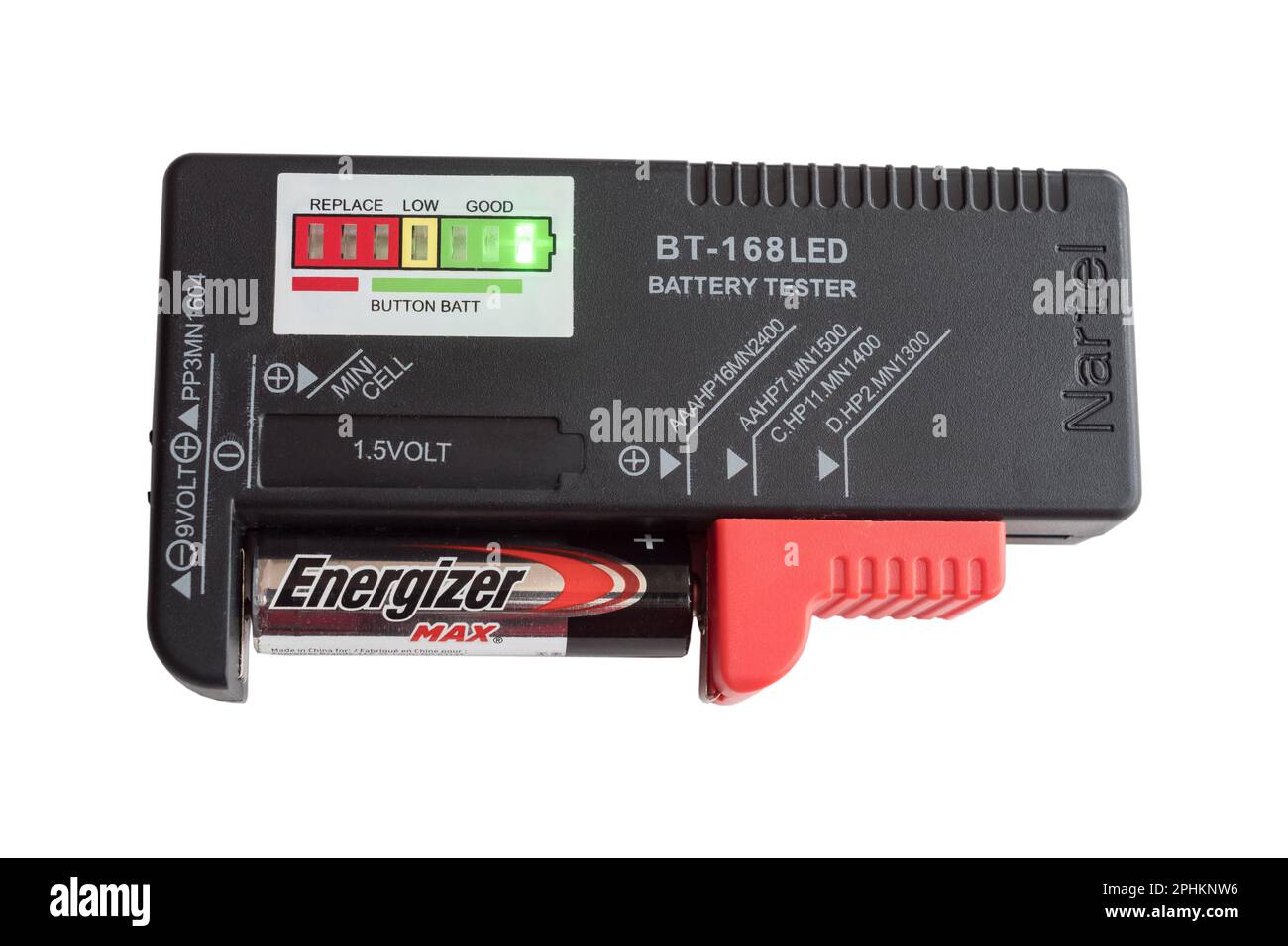 Tragbares tragbares Batterieprüfgerät mit isolierter LED-Anzeige auf weißem Hintergrund Stockfoto