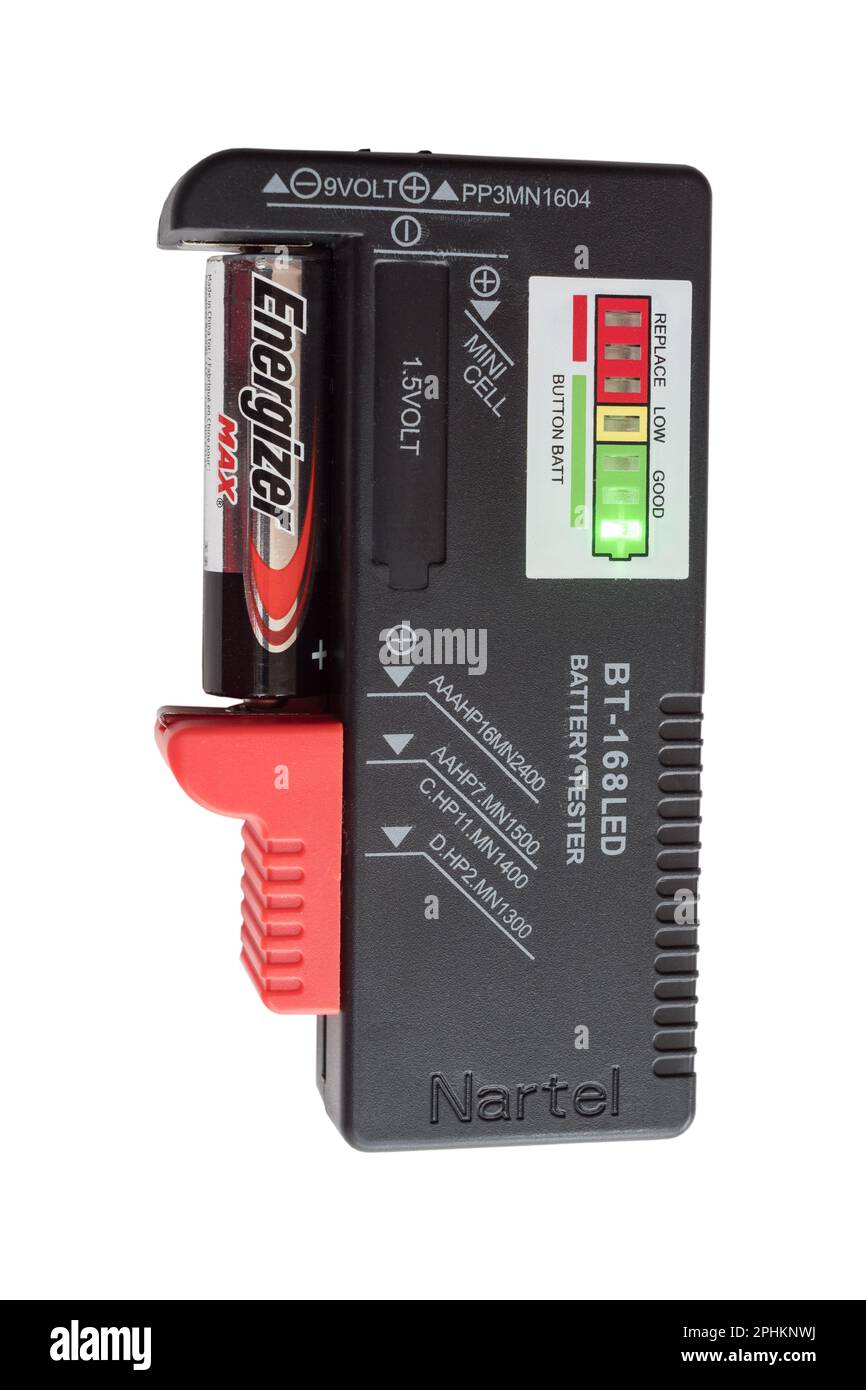 Tragbares tragbares Batterieprüfgerät mit isolierter LED-Anzeige auf weißem Hintergrund Stockfoto