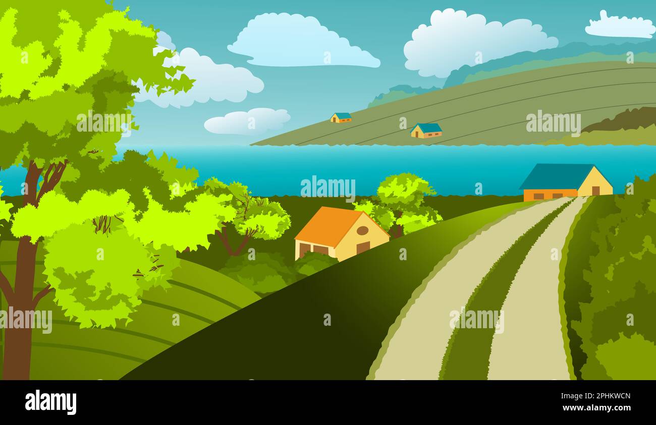Ländliche Landschaft. Häuser, Bäume, Fluss, Felder, Wolken. Im Vordergrund sieht man die Straße, die zum Haus führt. Doodle-Stil. Vektorgrafik Stock Vektor