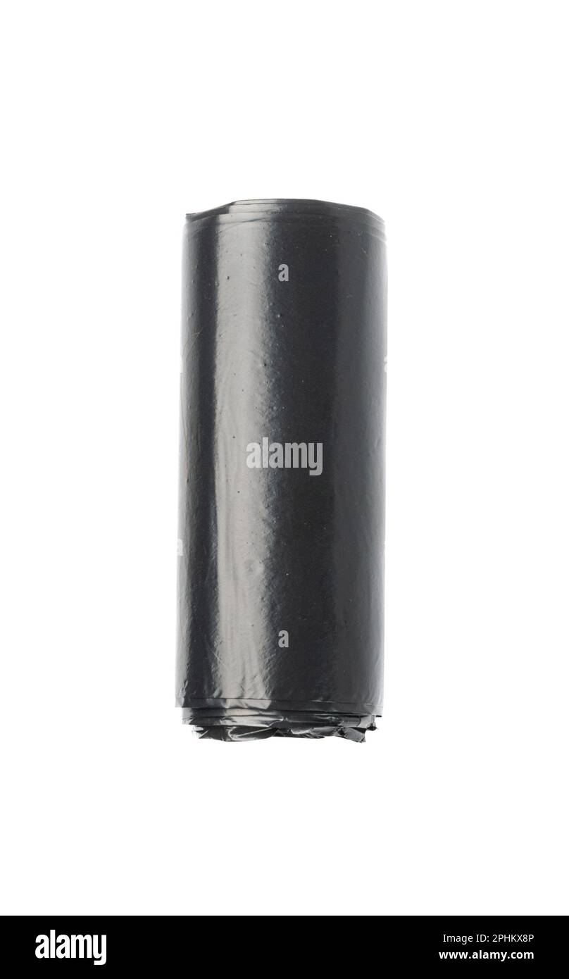 Müllsackrolle Isoliert. Müllpackung, neue gerollte Müllbeutel aus Kunststoff, schwarzer Abfallbehälter aus Polyethylen auf weißem Hintergrund Stockfoto