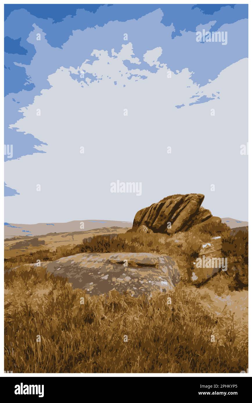 Nostalgisches Retro-Reiseposter des Peak District National Park, England, Großbritannien im Stil von Work Projects Administration. Stock Vektor