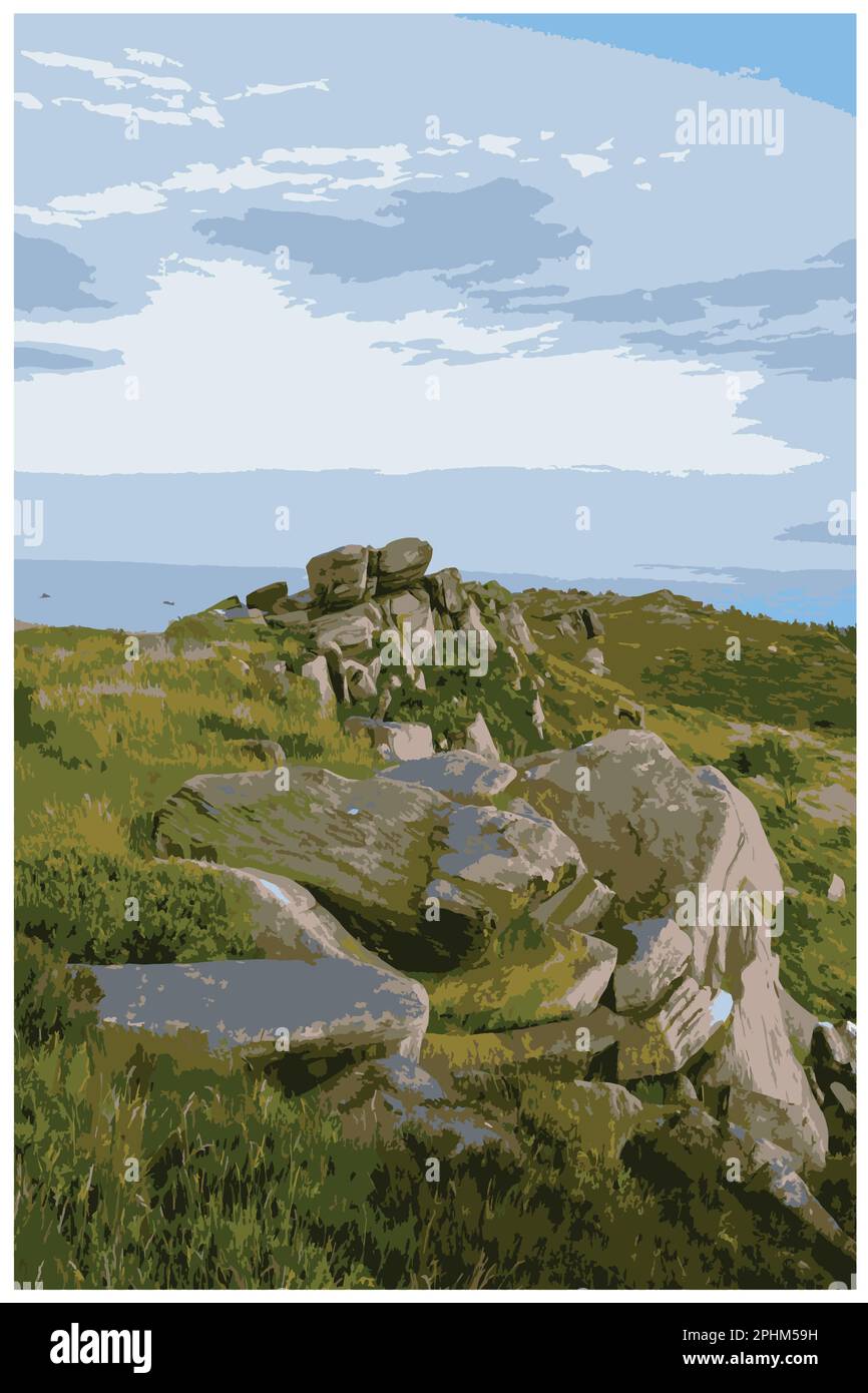 Nostalgisches Retro-Reiseposter des Peak District National Park, England, Großbritannien im Stil von Work Projects Administration. Stock Vektor