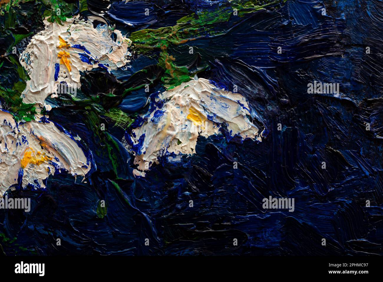 Weiße Schneetropfen in einer blauen Vase. Originallackieröl auf Leinwand 30x40 cm. Fragment.Nahaufnahme. Stockfoto