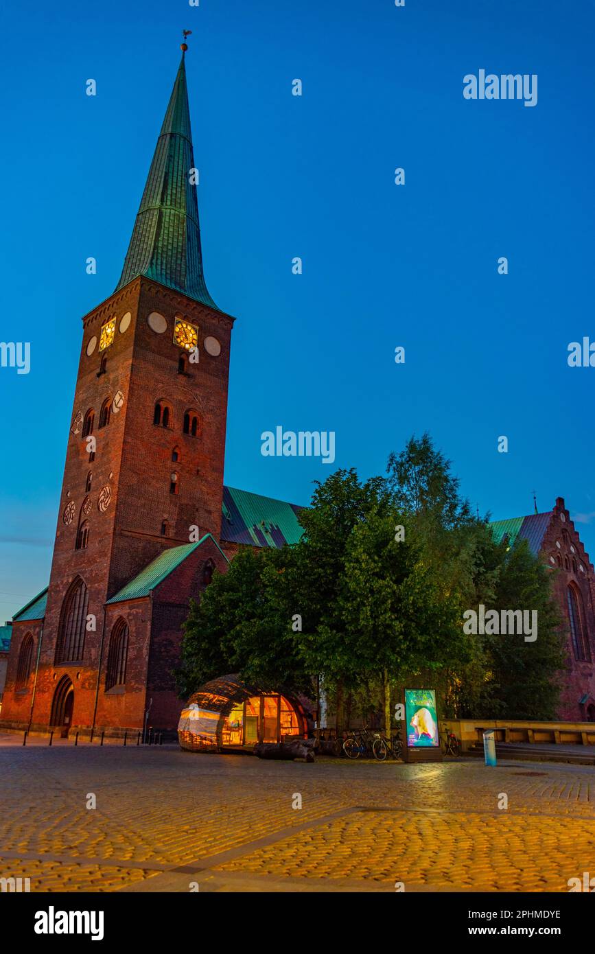 Nachtsicht auf die Aarhus-Kathedrale in Dänemark. Stockfoto
