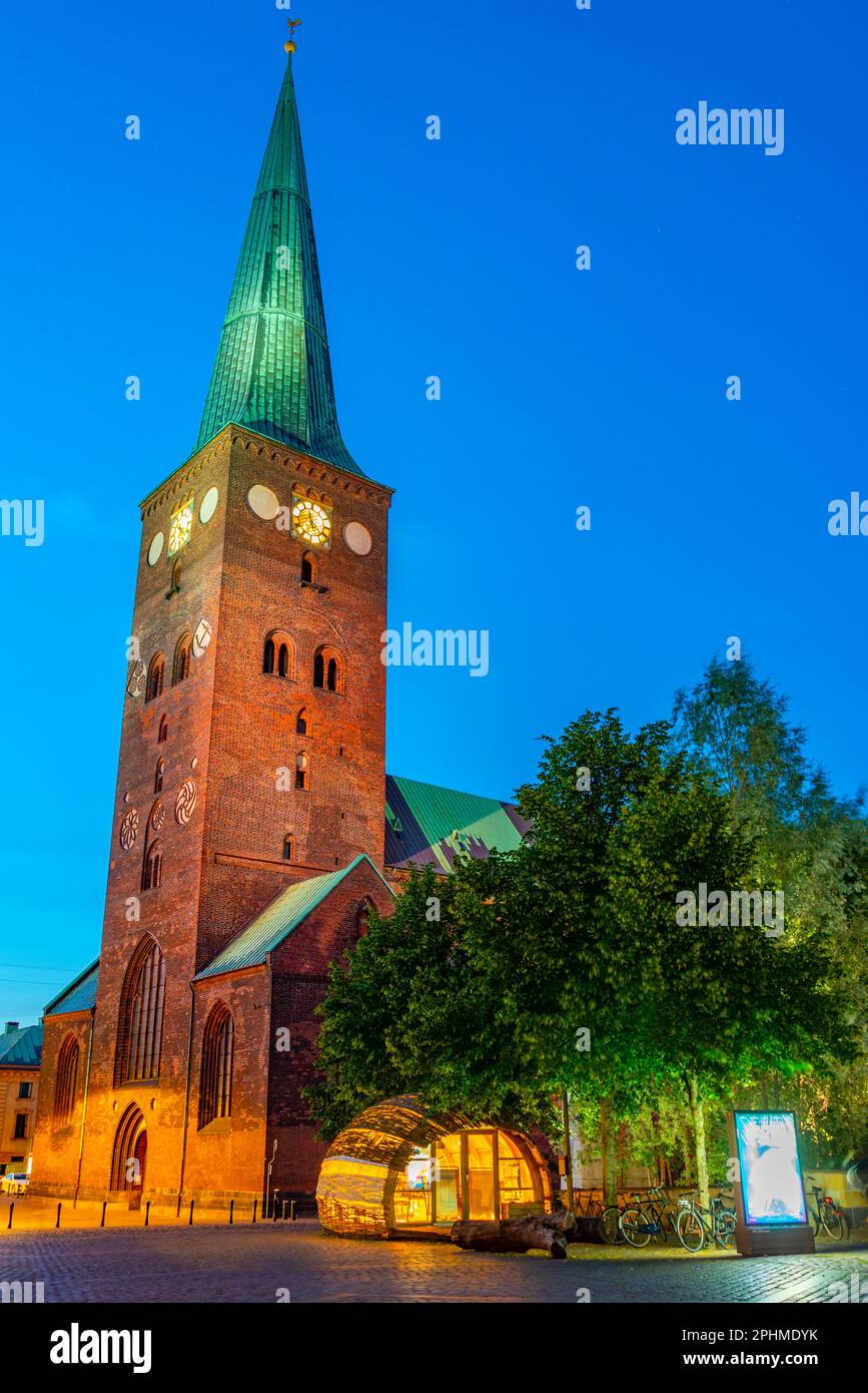 Nachtsicht auf die Aarhus-Kathedrale in Dänemark. Stockfoto