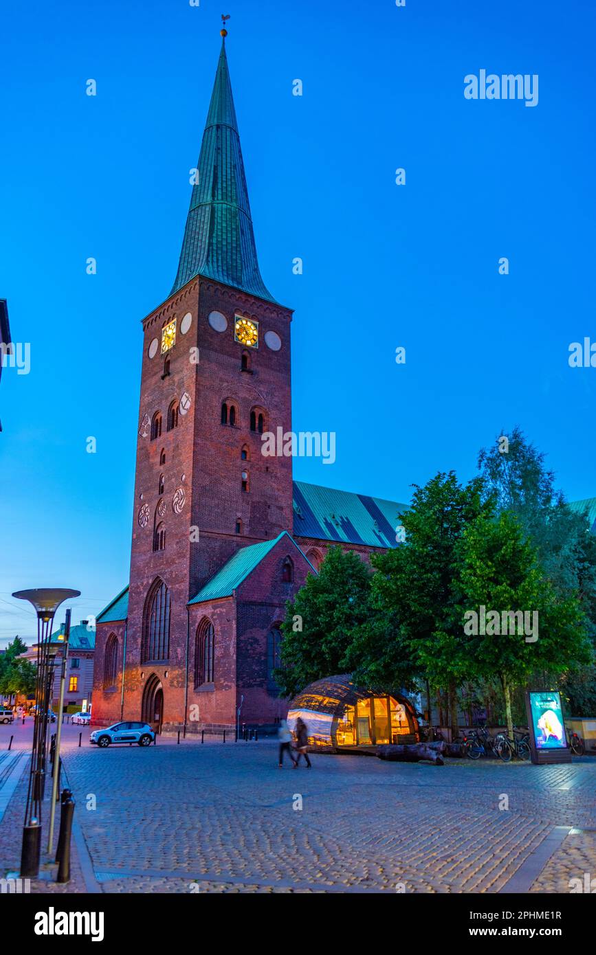 Nachtsicht auf die Aarhus-Kathedrale in Dänemark. Stockfoto