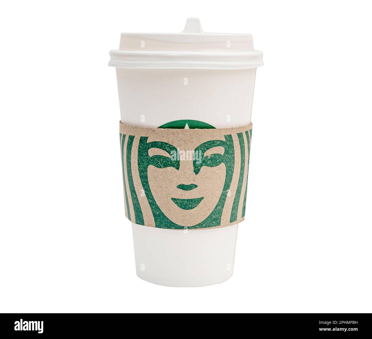 BERLIN – Okt 14: Starbucks Pappbecher mit Getränkehalter und Mermaid als Logo isoliert auf Weiß am 14. Oktober in Berlin. 2022 in Deutschland Stockfoto