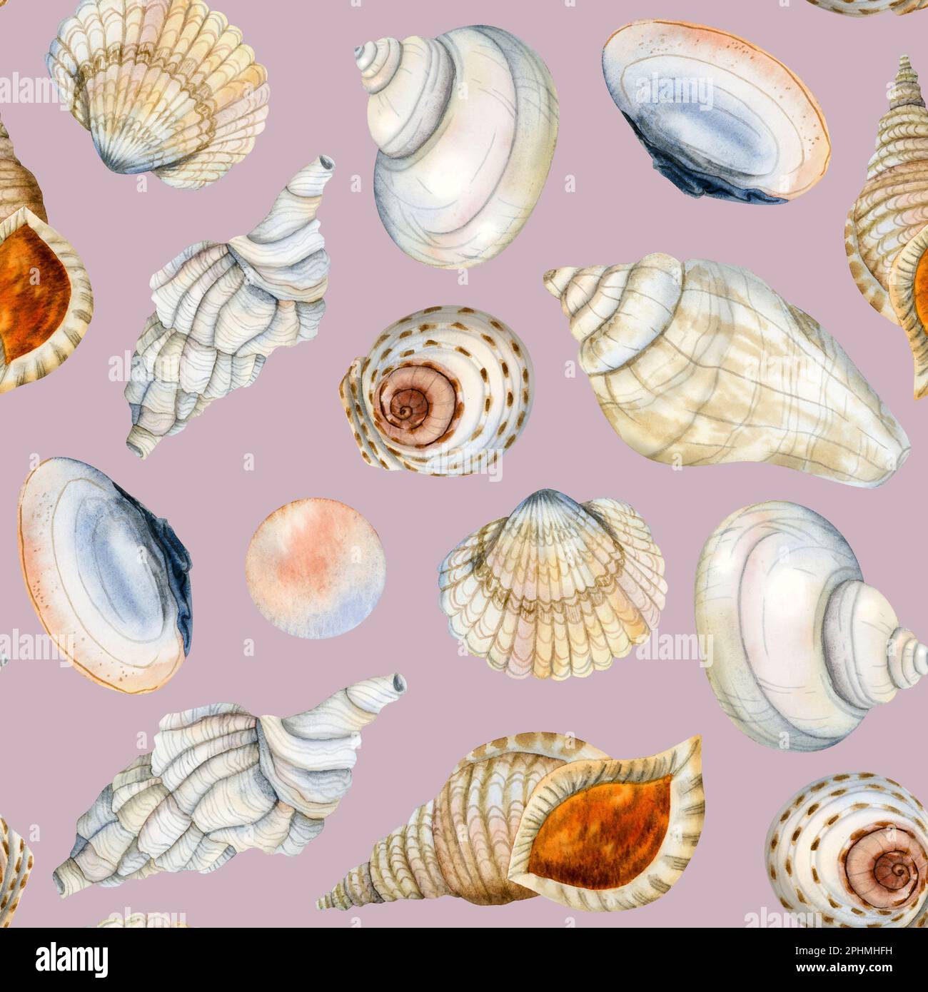 Muscheln Aquarell nahtloses Muster auf staubrosa Hintergrund mit Muscheln und Perlen Illustrationen in Blau, Orange und Beige für das Kinderzimmer Stockfoto