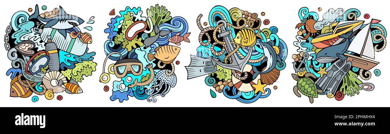 Diving Cartoon Vektor-Doodle-Design-Set. Farbenfrohe, detaillierte Kompositionen mit vielen Schnorchelobjekten und Symbolen. Isoliert auf weißen Illustrationen Stock Vektor