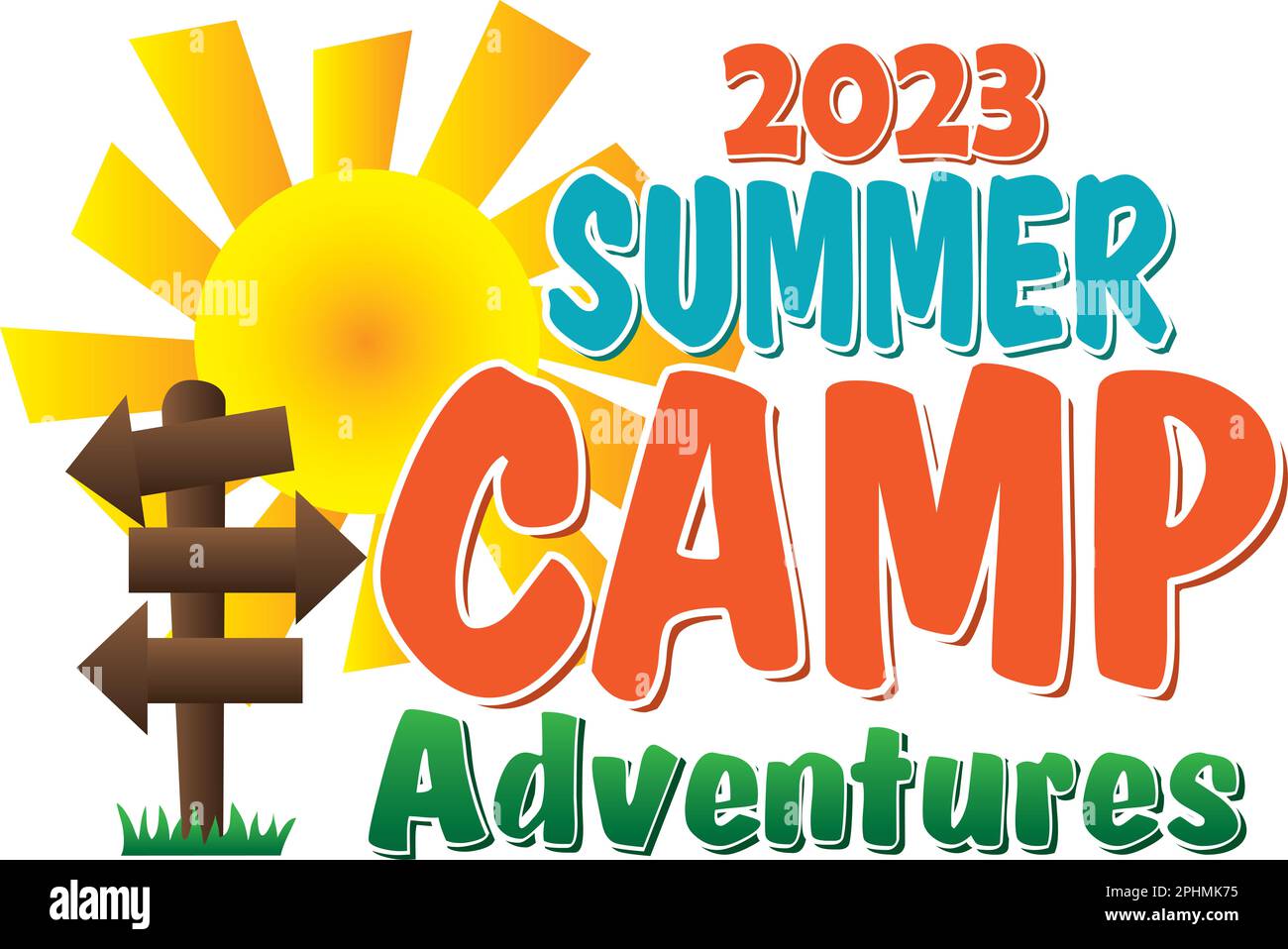 Summer Camp Adventures 2023-Logo Blanke Schilder, die Sie mit Ihren Camp-Abenteuern füllen Stockfoto
