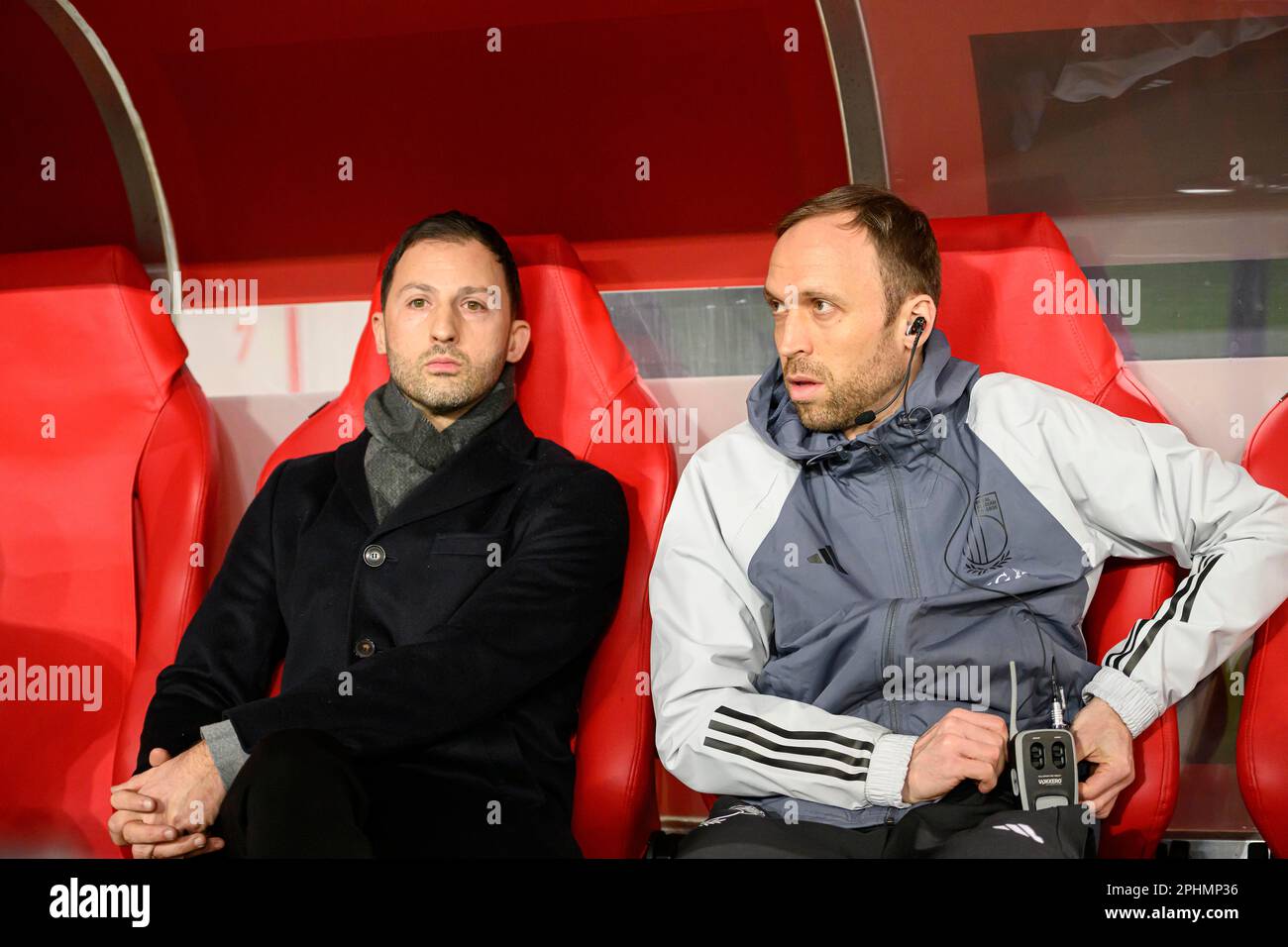 Links-Rechts-Trainer Domencio TEDESCO (BEL), Co-Coach Andreas HINKEL (BEL) Fußball-Laenderspiel, Freundschaftsspiel, Deutschland (GER) - Belgien (BEL) 2: 3, am 28. März 2023 in Köln/Deutschland. Stockfoto