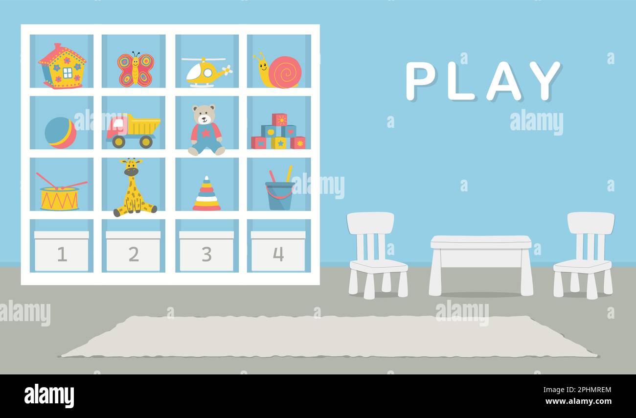Spielraum-Innenausstattung. Kinderzimmer in blauer Farbe. Es gibt einen Schrank mit Spielzeug, einen Tisch, zwei Stühle auf dem Bild. Vektordarstellung Stock Vektor