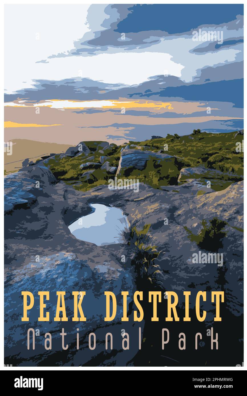 Nostalgisches Retro-Reiseposter des Peak District National Park, England, Großbritannien im Stil von Work Projects Administration. Stock Vektor