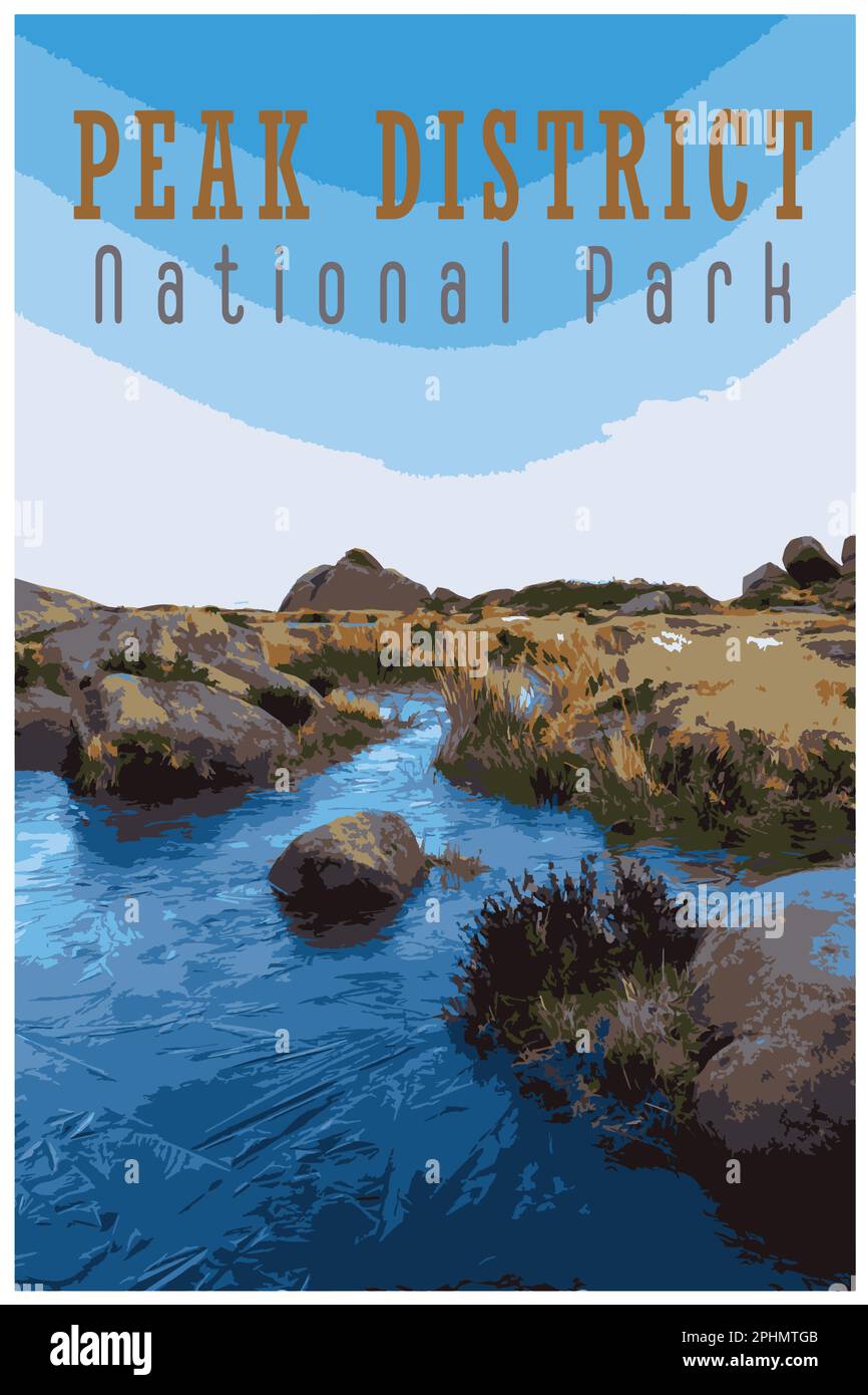 Nostalgisches Retro-Reiseposter des Peak District National Park, England, Großbritannien im Stil von Work Projects Administration. Stock Vektor