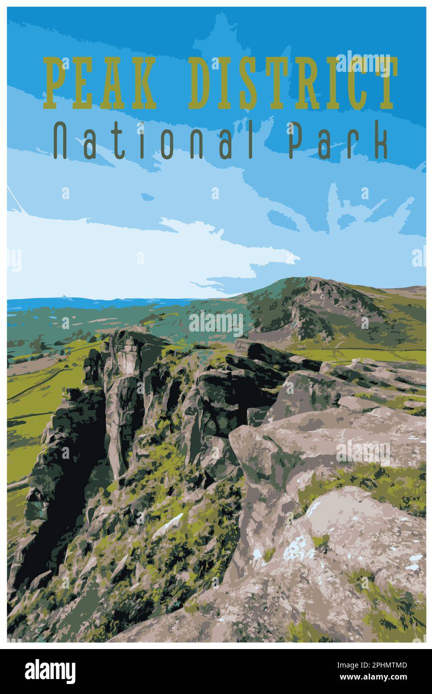 Nostalgisches Retro-Reiseposter des Peak District National Park, England, Großbritannien im Stil von Work Projects Administration. Stock Vektor