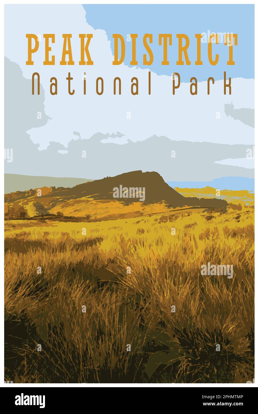Nostalgisches Retro-Reiseposter des Peak District National Park, England, Großbritannien im Stil von Work Projects Administration. Stock Vektor