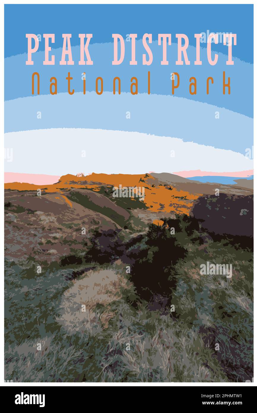 Nostalgisches Retro-Reiseposter des Peak District National Park, England, Großbritannien im Stil von Work Projects Administration. Stock Vektor