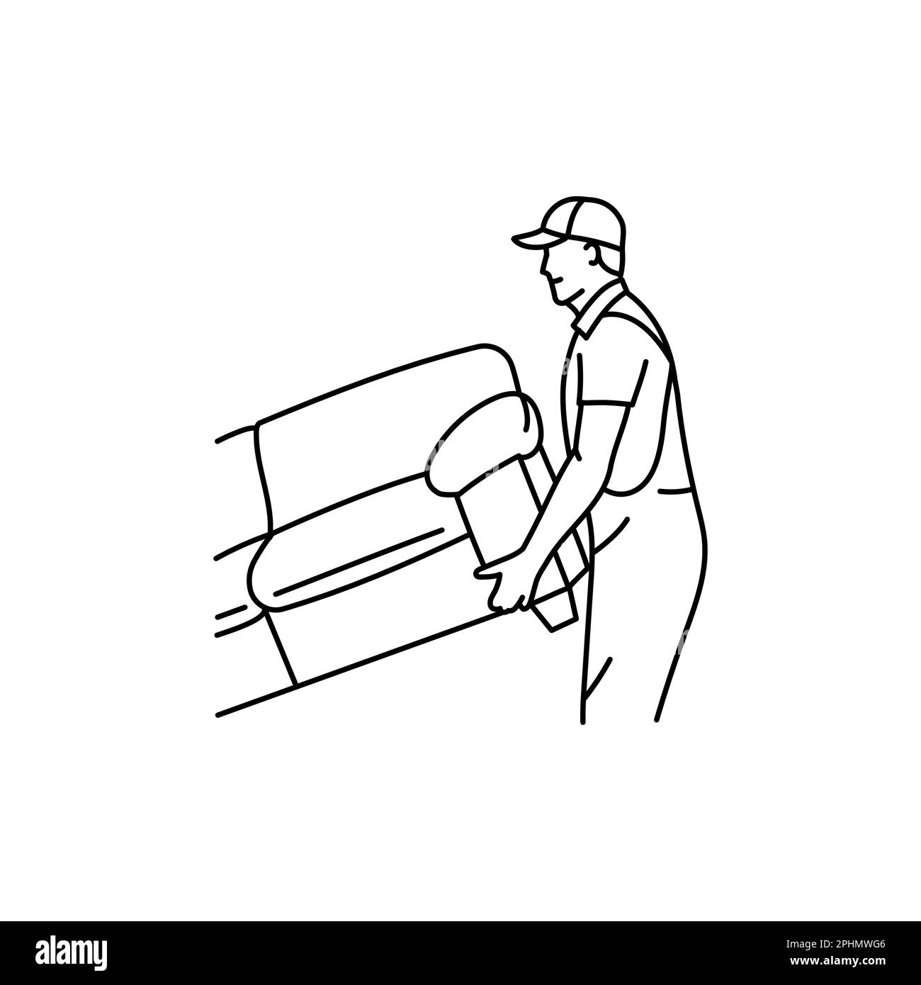 Schwarzes Liniensymbol für Auslieferer, der das Sofa bewegt. Piktogramm für Webseite, mobile App, Werbeaktion. Stock Vektor