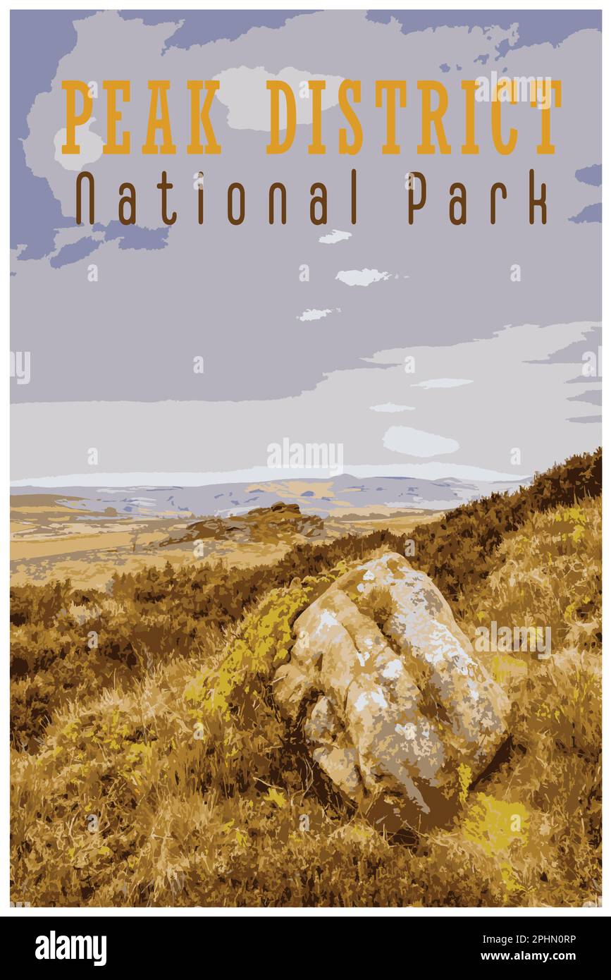 Nostalgisches Retro-Reiseposter des Peak District National Park, England, Großbritannien im Stil von Work Projects Administration. Stock Vektor