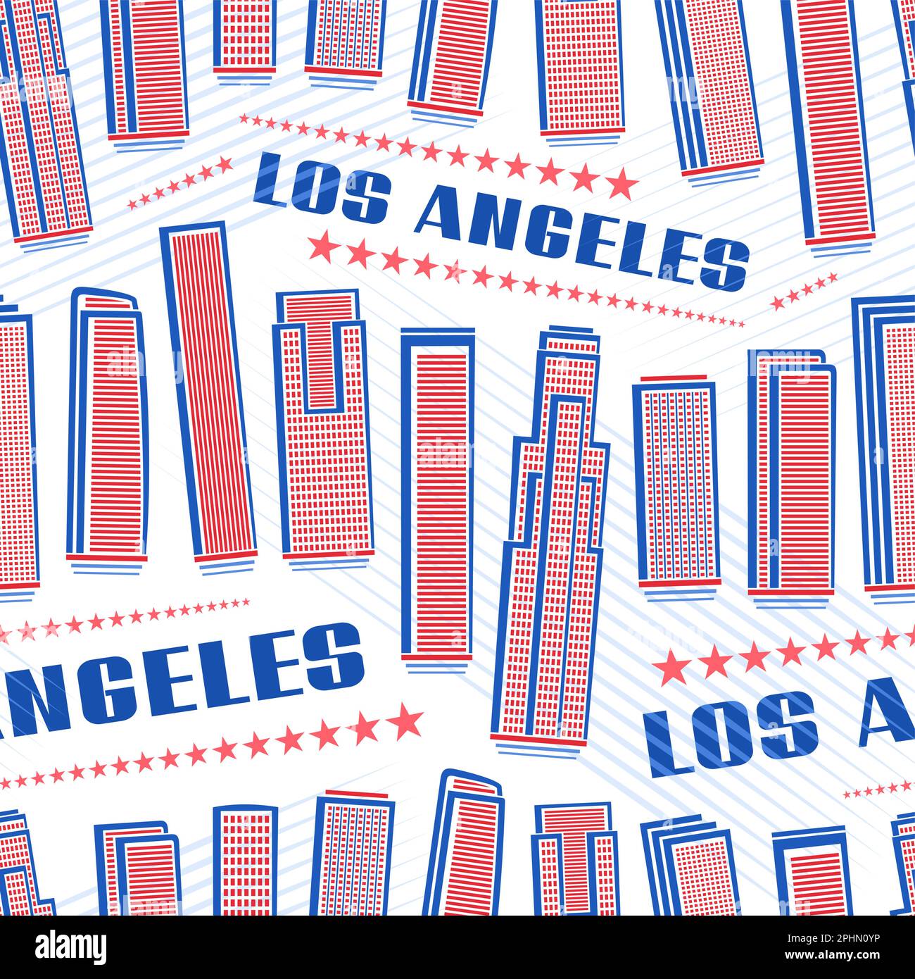 Vector Los Angeles Seamless Pattern, sich wiederholender Hintergrund mit Illustration der roten berühmten Stadtlandschaft auf weißem Hintergrund für Geschenkpapier, dekorativ Stock Vektor