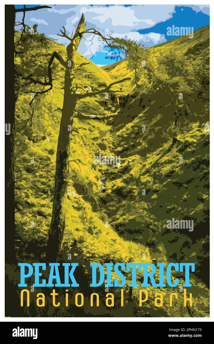 Nostalgisches Retro-Reiseposter des Peak District National Park, England, Großbritannien im Stil von Work Projects Administration. Stock Vektor
