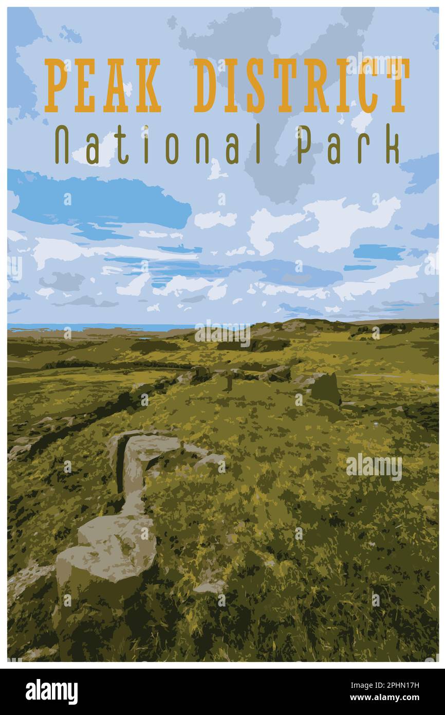 Nostalgisches Retro-Reiseposter des Peak District National Park, England, Großbritannien im Stil von Work Projects Administration. Stock Vektor