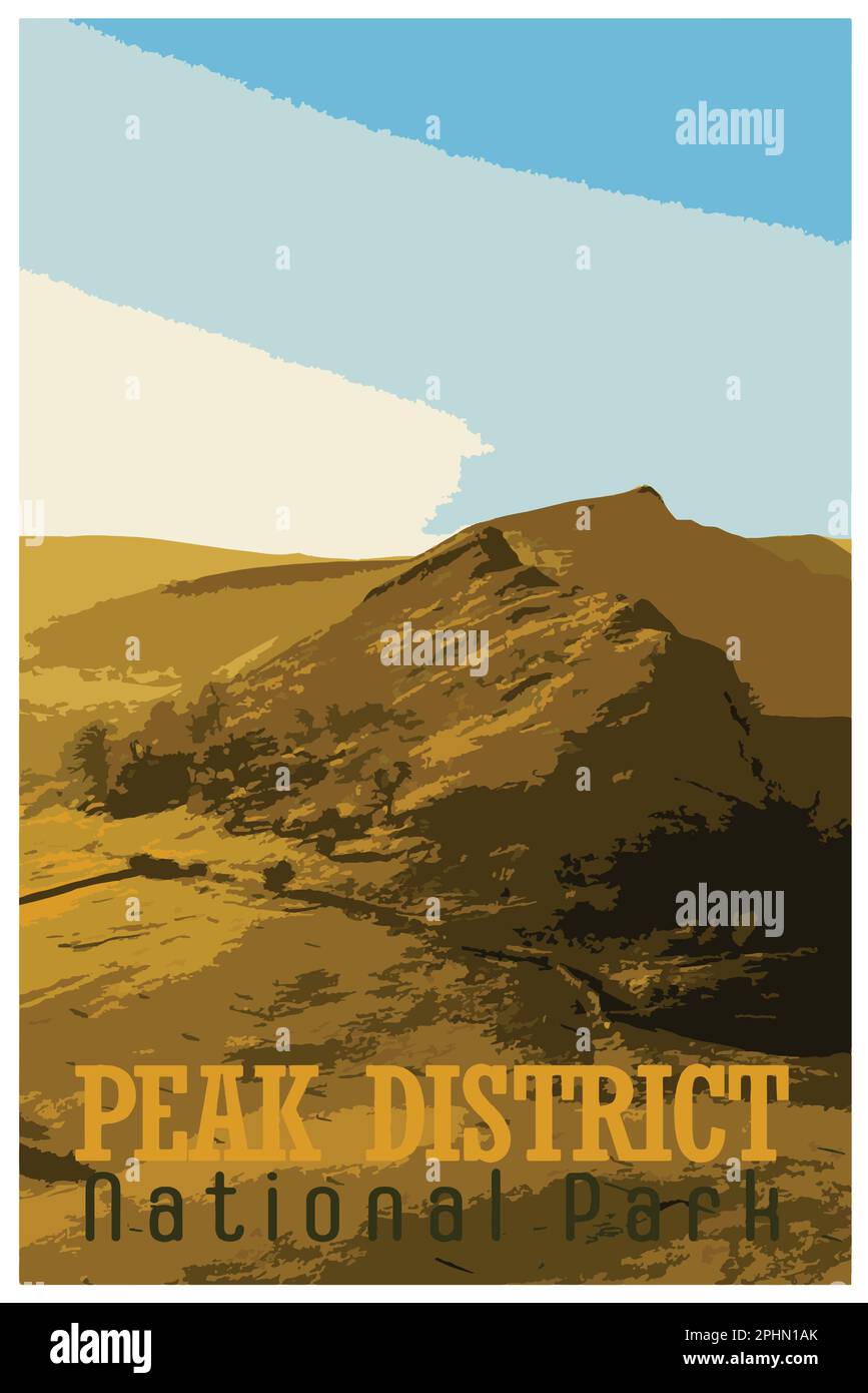 Nostalgisches Retro-Reiseposter des Peak District National Park, England, Großbritannien im Stil von Work Projects Administration. Stock Vektor