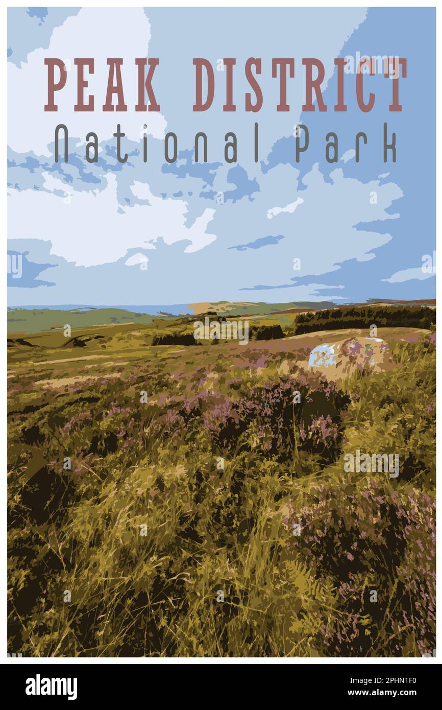 Nostalgisches Retro-Reiseposter des Peak District National Park, England, Großbritannien im Stil von Work Projects Administration. Stock Vektor