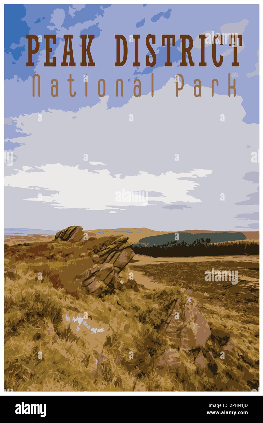 Nostalgisches Retro-Reiseposter des Peak District National Park, England, Großbritannien im Stil von Work Projects Administration. Stock Vektor