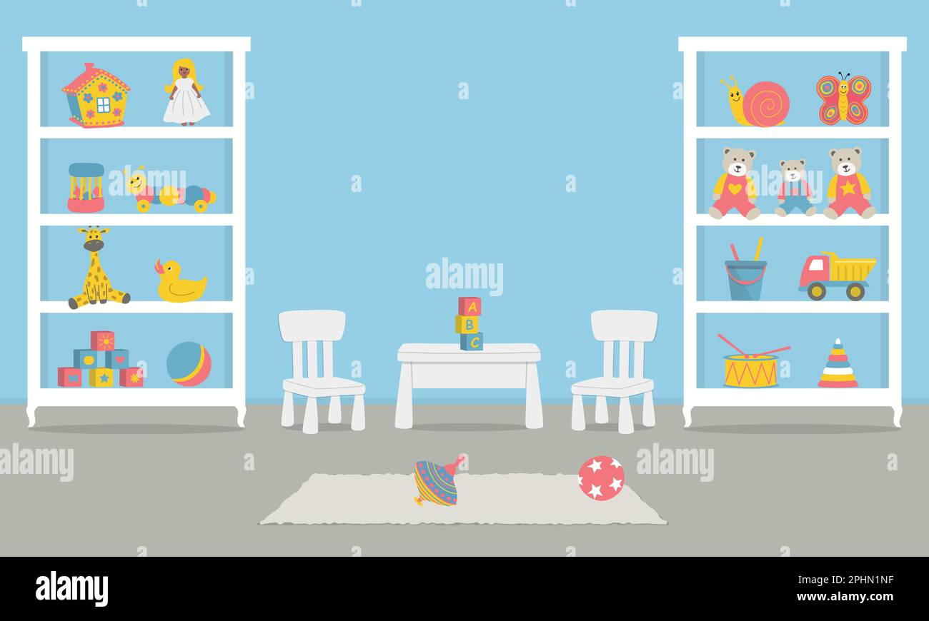 Spielzimmer. Kinderzimmereinrichtung für ein Baby in blauer Farbe. Es gibt Kleiderschränke mit Spielzeug, einen Tisch, zwei Stühle auf dem Bild. Vektordarstellung Stock Vektor