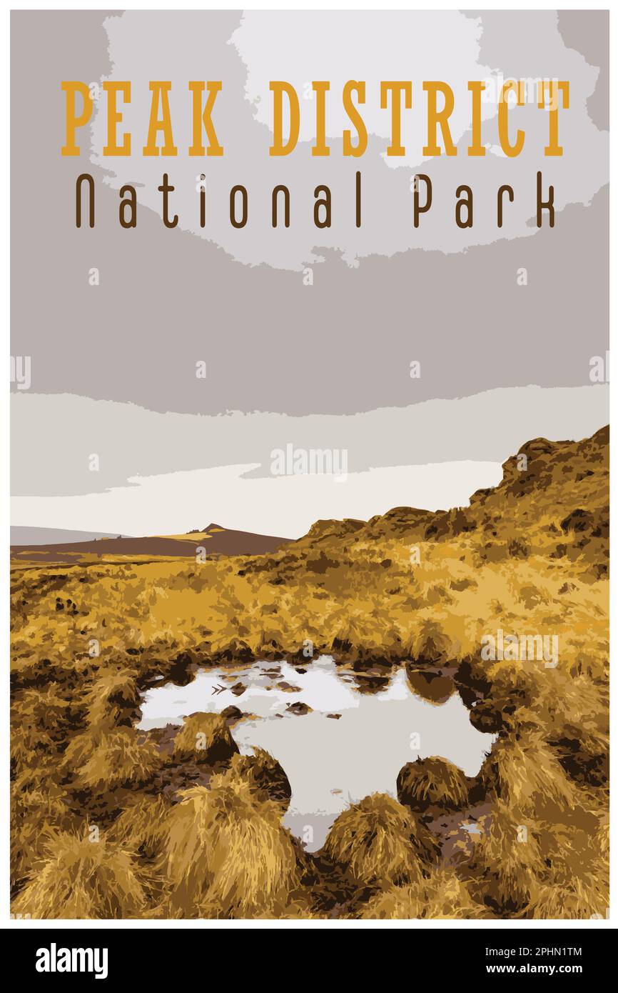 Nostalgisches Retro-Reiseposter des Peak District National Park, England, Großbritannien im Stil von Work Projects Administration. Stock Vektor