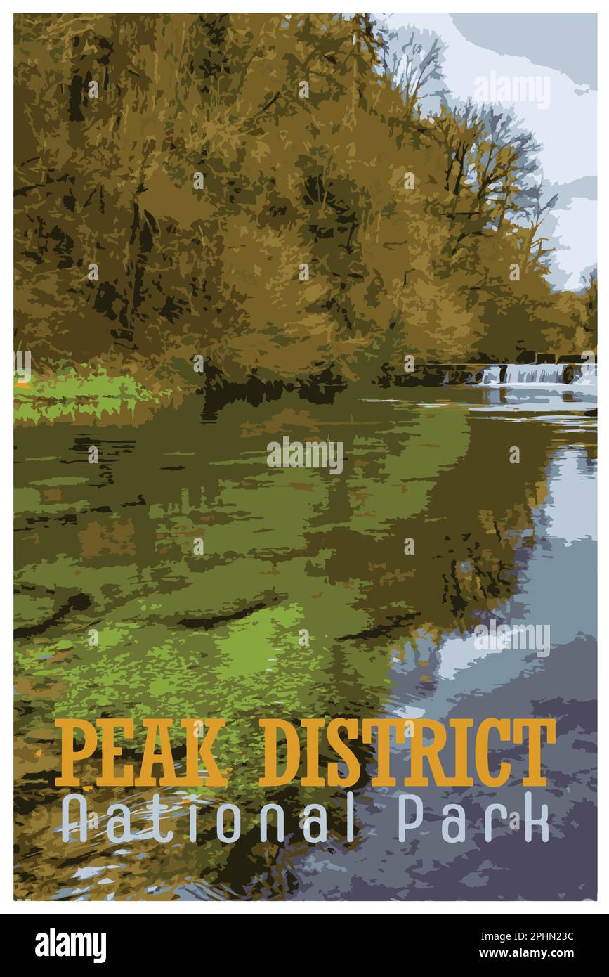 Nostalgisches Retro-Reiseposter des Peak District National Park, England, Großbritannien im Stil von Work Projects Administration. Stock Vektor