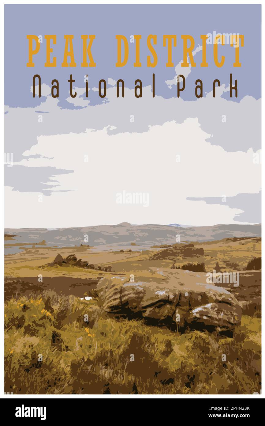 Nostalgisches Retro-Reiseposter des Peak District National Park, England, Großbritannien im Stil von Work Projects Administration. Stock Vektor