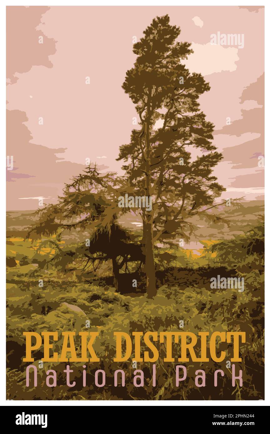 Nostalgisches Retro-Reiseposter des Peak District National Park, England, Großbritannien im Stil von Work Projects Administration. Stock Vektor