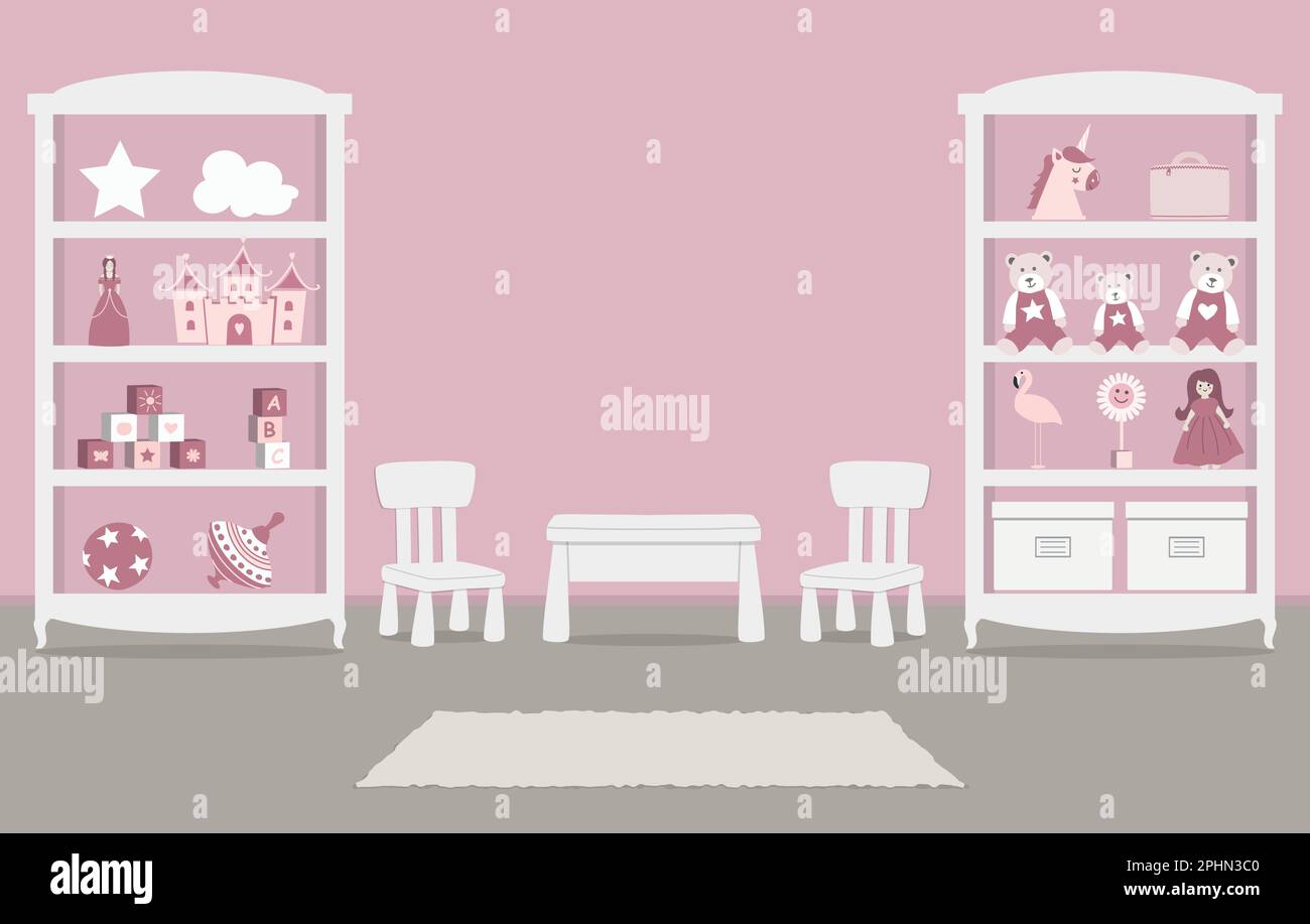 Spielzimmer. Kinderzimmereinrichtung für ein Baby in Pink. Es gibt Kleiderschränke mit Spielzeug, einen Tisch, zwei Stühle auf dem Bild. Vektordarstellung Stock Vektor