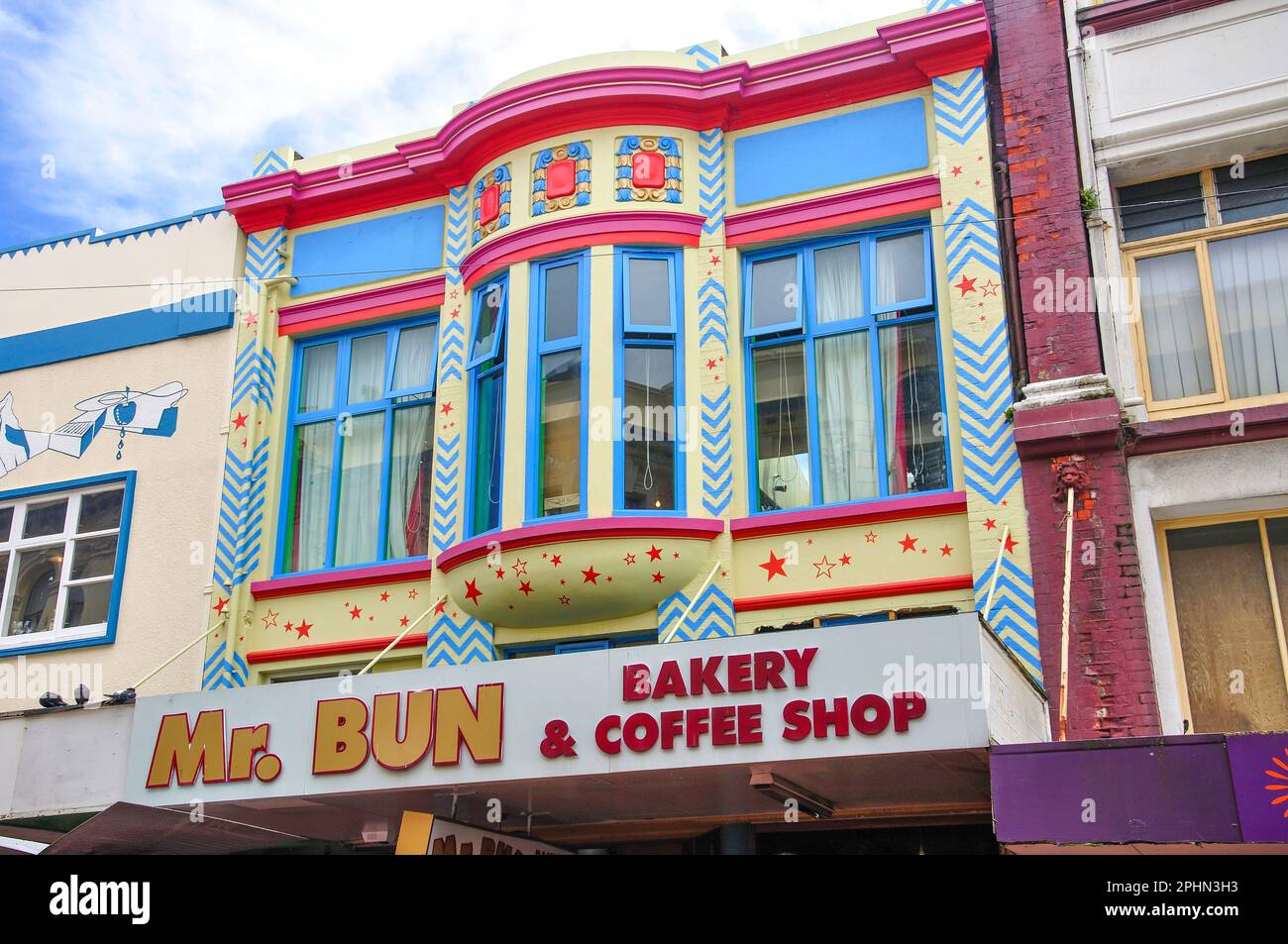 Herr Brötchen Bäckerei Fassade, Region Cuba Street, Wellington, Wellington, Nordinsel, Neuseeland Stockfoto