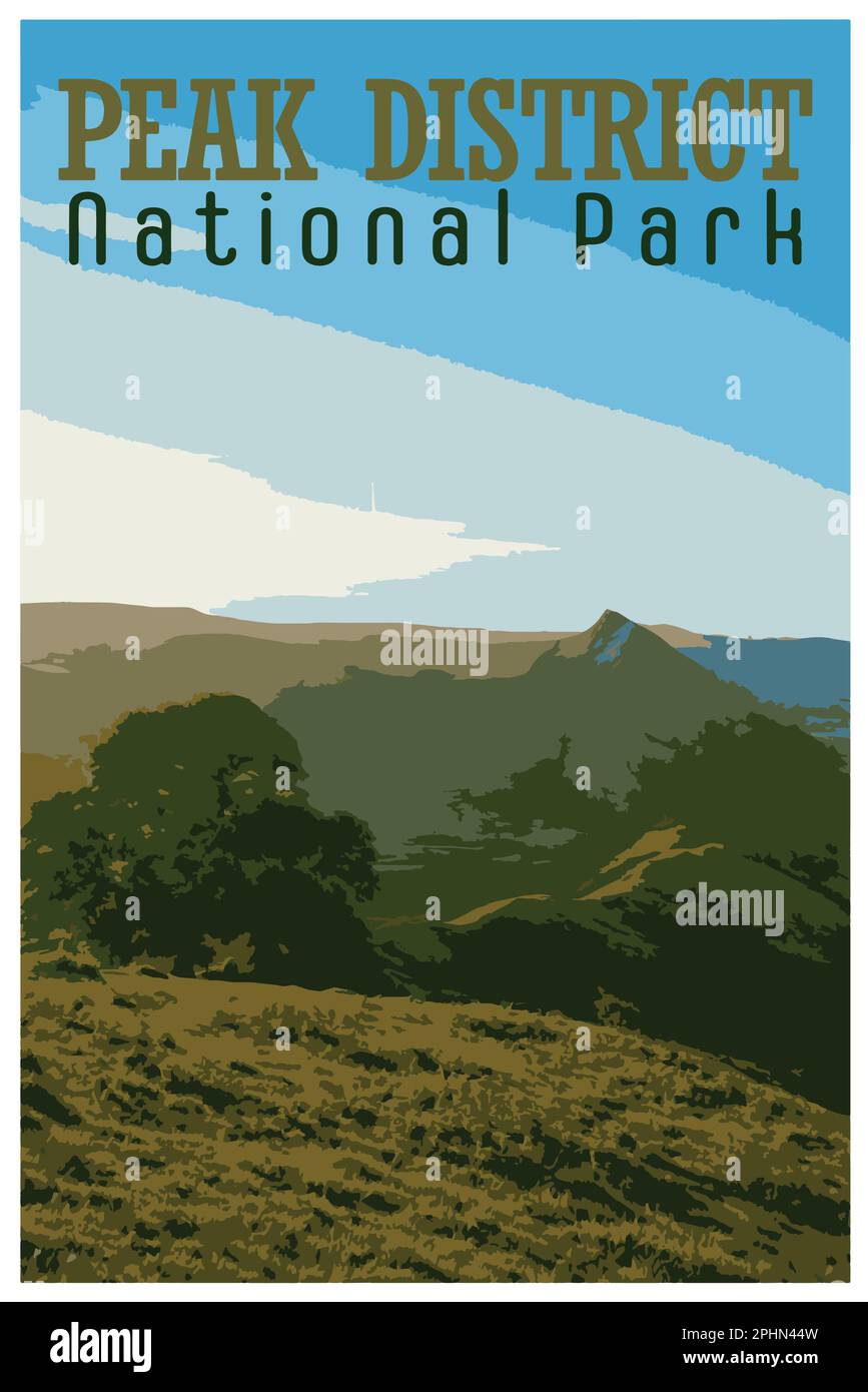 Nostalgisches Retro-Reiseposter des Peak District National Park, England, Großbritannien im Stil von Work Projects Administration. Stock Vektor