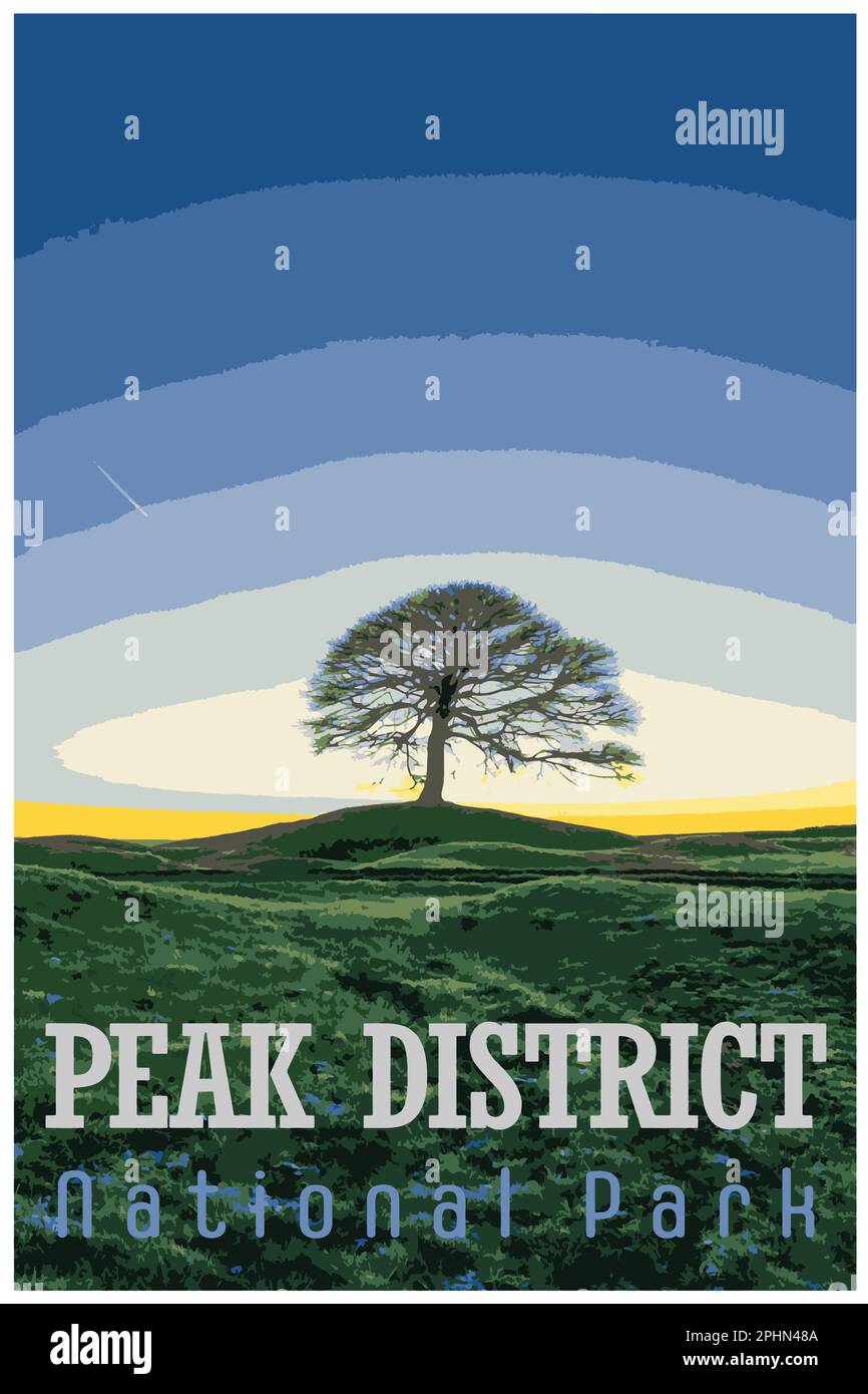 Nostalgisches Retro-Reiseposter des Peak District National Park, England, Großbritannien im Stil von Work Projects Administration. Stock Vektor