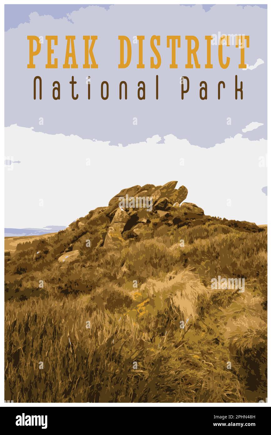 Nostalgisches Retro-Reiseposter des Peak District National Park, England, Großbritannien im Stil von Work Projects Administration. Stock Vektor