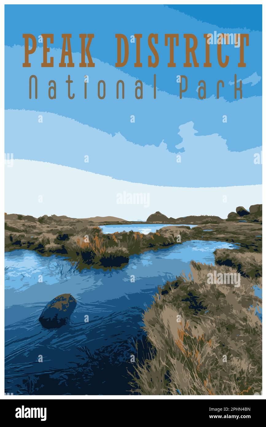 Nostalgisches Retro-Reiseposter des Peak District National Park, England, Großbritannien im Stil von Work Projects Administration. Stock Vektor